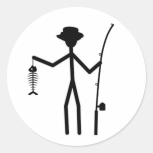 Funny Fisherman Stick Figuur Holding Fish Botten Ronde Sticker