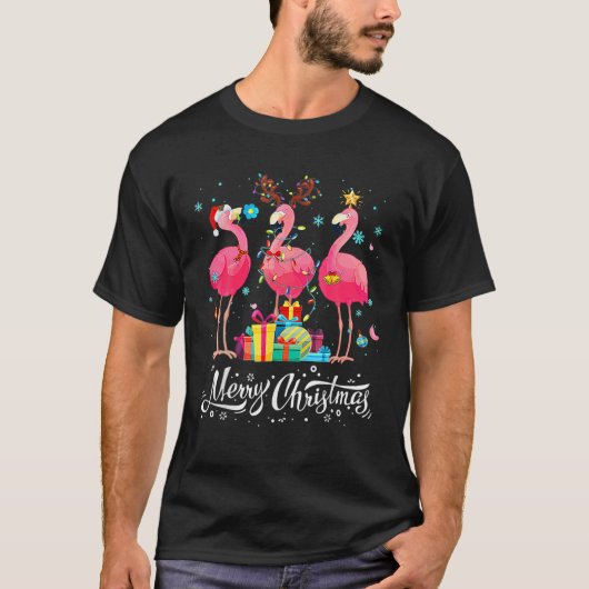 Funny Flamingo Lights Santa Hat Sweater Xmas Tree T-shirt (Voorkant)