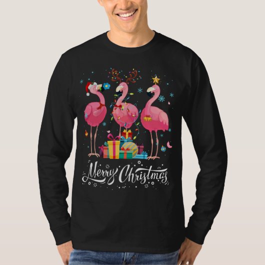 Funny Flamingo Lights Santa Hat Sweater Xmas Tree T-shirt (Voorkant)