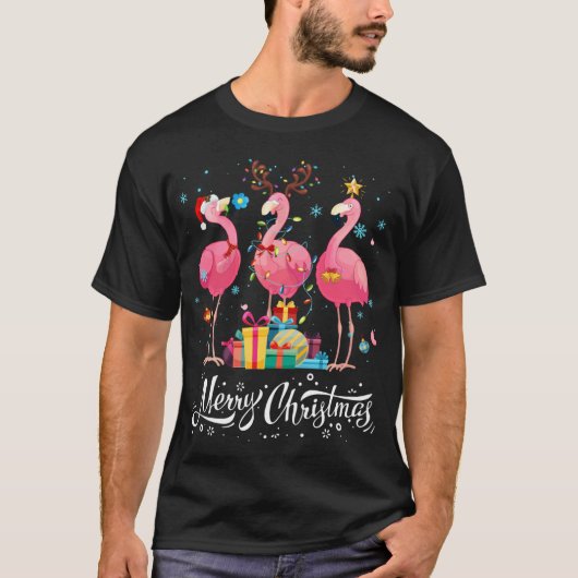 Funny Flamingo Lights Santa Hat Sweater Xmas Tree T-shirt (Voorkant)