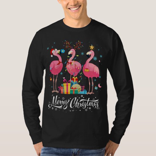 Funny Flamingo Lights Santa Hat Sweater Xmas Tree T-shirt (Voorkant)