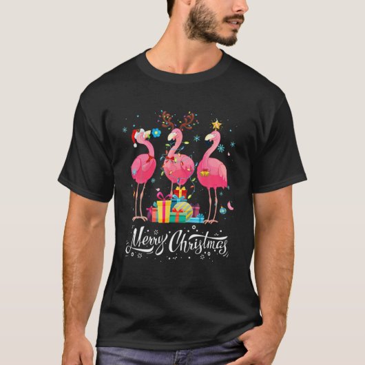 Funny Flamingo Lights Santa Hat Xmas Tree Christma T-shirt (Voorkant)