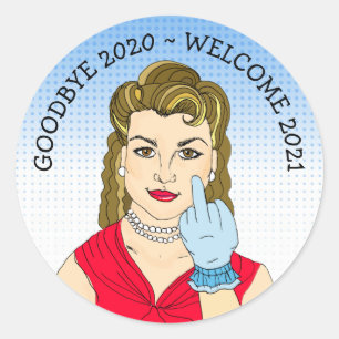 Funny Flipping the Bird Retro Lady Ronde Sticker