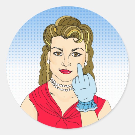 Funny Flipping the Bird Retro Lady Ronde Sticker (Voorkant)