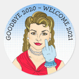 Funny Flipping the Bird Retro Lady Ronde Sticker