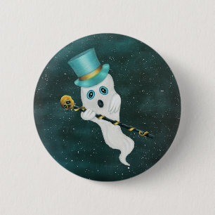 Funny Floating Ghost in Sky Blue Green Top Hat Ronde Button 5,7 Cm