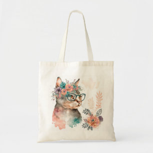 Funny Floral Cat met glas Tote Bag