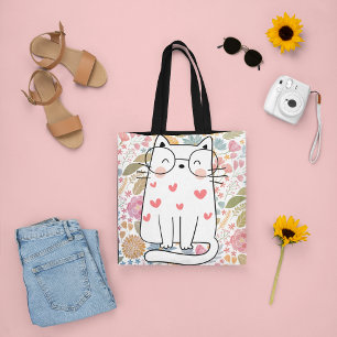 Funny Floral Cat met glas Tote Bag