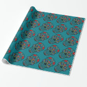 Funny Floral Skull Blauwgroen Gift Wrapping Paper Cadeaupapier (Uitgerold)