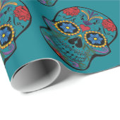 Funny Floral Skull Blauwgroen Gift Wrapping Paper Cadeaupapier (Rol Hoek)