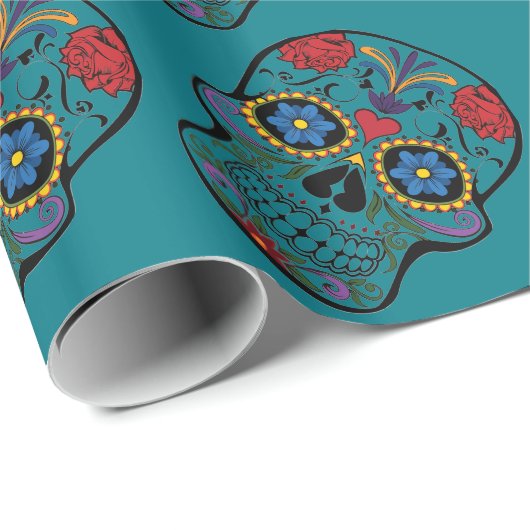 Funny Floral Skull Blauwgroen Gift Wrapping Paper Cadeaupapier (Rol Hoek)