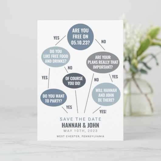 Funny Flow Chart Blue Wedding Save the Date (Staand voorkant)