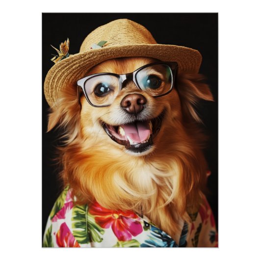 Funny Fluffy Dog with Hat, Glasses & Hawaiian Shir Perfect Poster (Voorkant)