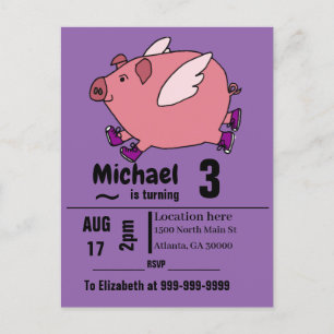Funny Flying Pig Birthday Party Uitnodiging Briefkaart