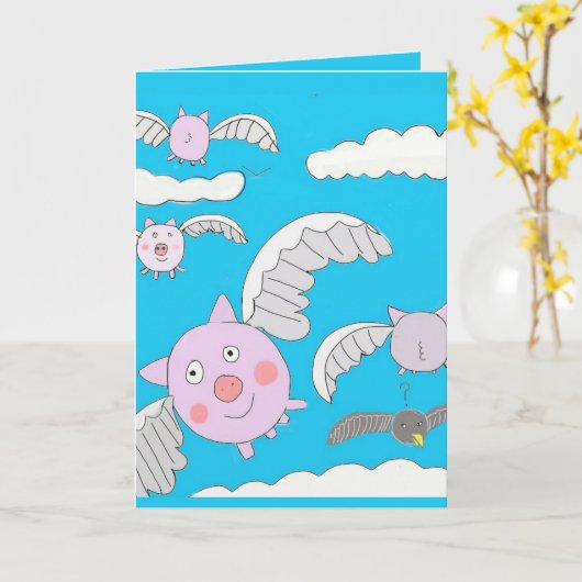 Funny Flying Pigs and Bemused Crow editable Kaart (Gele Bloem)