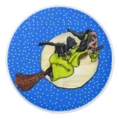 Funny Flying Witch Black Cat Moon Stars Halloween Keramische Knop (Voorkant)