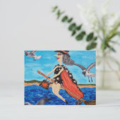 Funny Flying Witch Broom Cat Seagulls Beach Briefkaart (Staand voorkant)