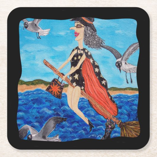 Funny Flying Witch Broom Cat Seagulls Beach Kartonnen Onderzetters (Voorkant)