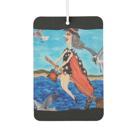Funny Flying Witch Broom Cat Seagulls Beach Luchtverfrisser (Voorkant)