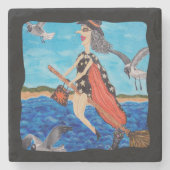 Funny Flying Witch Broom Cat Seagulls Beach Stenen Onderzetter (Voorkant)