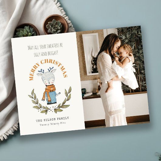 Funny Foto Ugly Sweater Leafy Reindekerst Feestdagenkaart