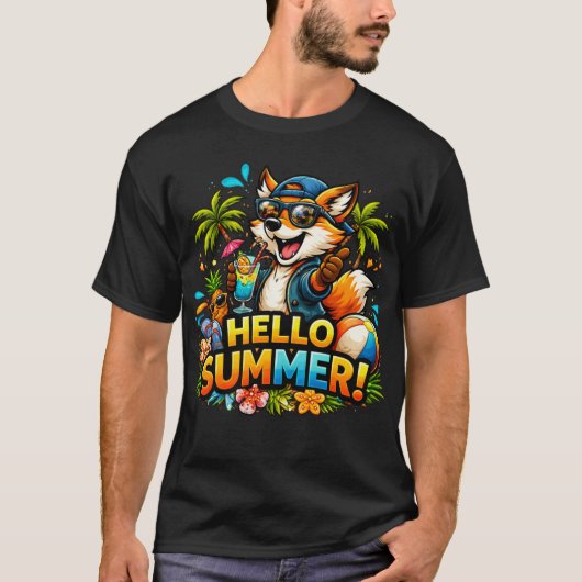 Funny Fox Hello Summer Cartoon Design T-shirt (Voorkant)
