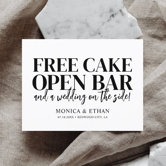 Funny Free Cake Open Bar Wedding Save the Date Aankondigingskaart
