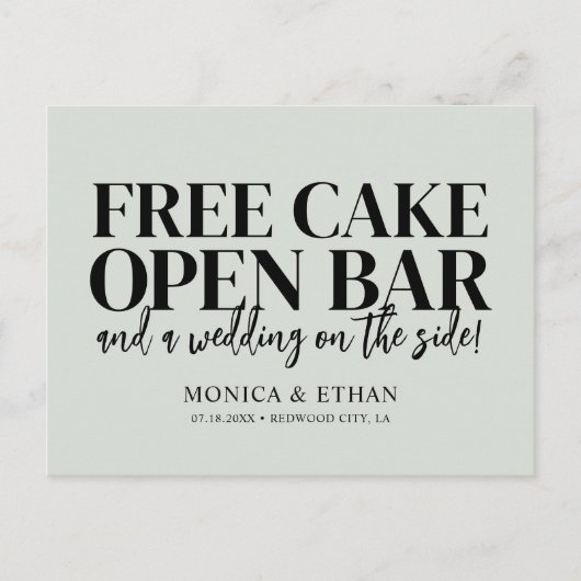Funny Free Cake Open Bar Wedding Save the Date Ann Aankondigingskaart (Voorkant)