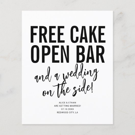 Funny Free Cake Open Bar Wedding Save the Date Flyer (Voorkant)