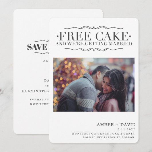 Funny Free Cake Photo Wedding Save the Date (Voorkant / Achterkant)