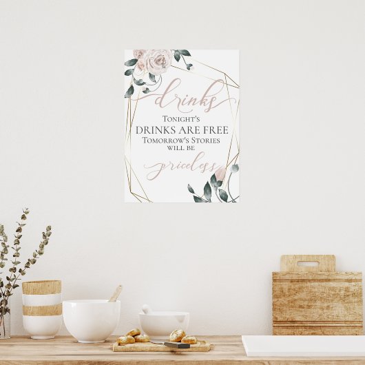 Funny Free Drink Bar Menu Sign Pink Gold Poster (Keuken)