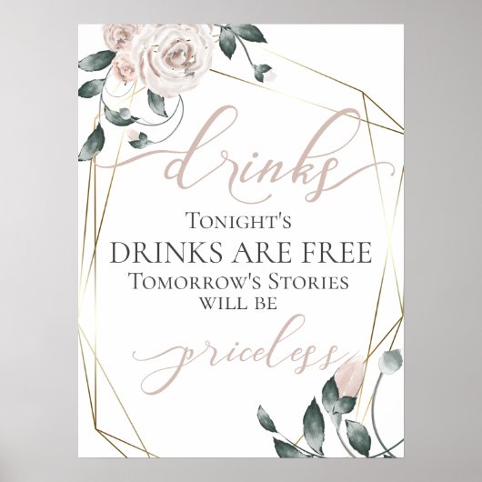 Funny Free Drink Bar Menu Sign Pink Gold Poster (Voorkant)