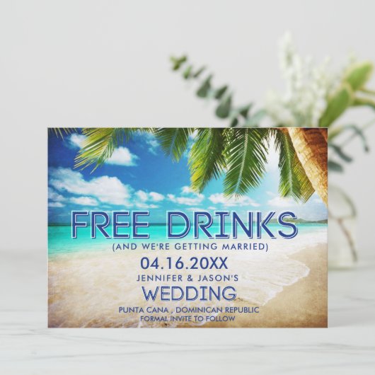 Funny Free Drink Beach Destination Wedding  Save The Date (Staand voorkant)