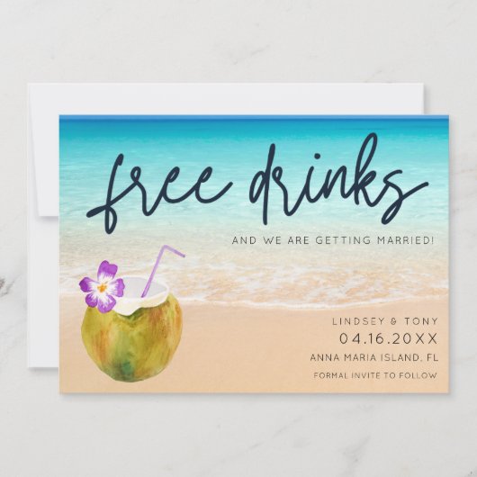 Funny Free Drink Beach Wedding Save the Date (Voorkant)