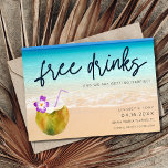 Funny Free Drink Beach Wedding Save the Date<br><div class="desc">Het grappige 'Free Drink (en we gaan trouwen)' strand met een kokoscocktail design bruiloft,  behalve de datum voor je strandbruiloft. Een casual redder de datum die je vrienden en familie zullen liefhebben en die de toon zal zetten voor het feest van het jaar - je bruiloft!</div>