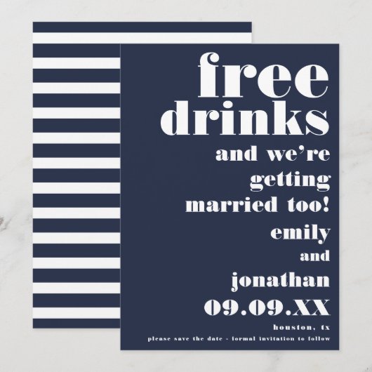 Funny Free Drink Casual Navy White Save the Date (Voorkant / Achterkant)