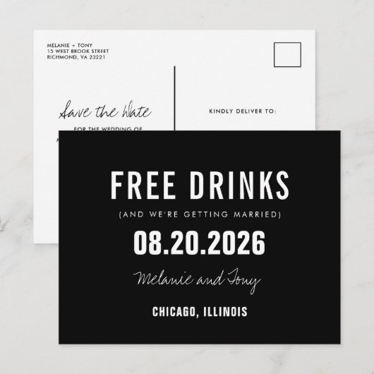Funny Free Drinken Black Wedding Save the Date Aankondigingskaart (Voorkant / Achterkant)