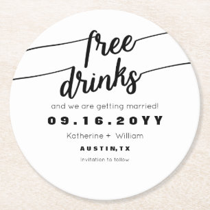 Funny Free Drinken Save the Date Black and White Ronde Kartonnen Onderzetter