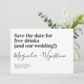 Funny Free Drinken Wedding Save the Date (Staand voorkant)