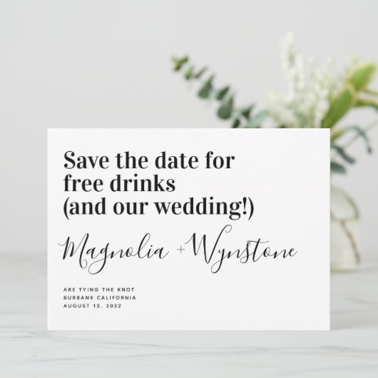 Funny Free Drinken Wedding Save the Date (Staand voorkant)