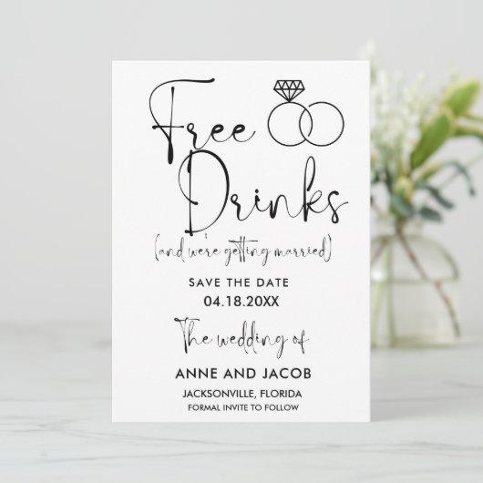 Funny Free Drinken Wedding Save the Date (Staand voorkant)