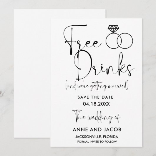 Funny Free Drinken Wedding Save the Date (Voorkant / Achterkant)