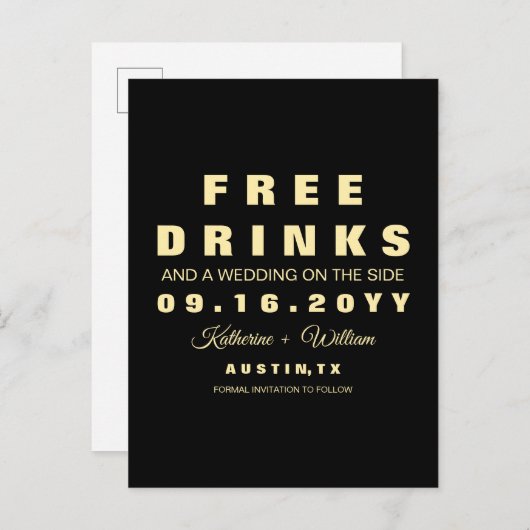 Funny Free Drinken Wedding Save the Date Aankondigingskaart (Voorkant / Achterkant)