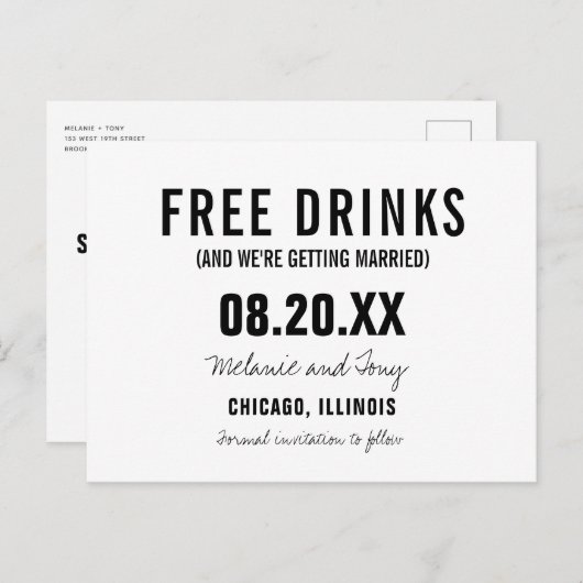 Funny Free Drinken Wedding Save the Dates Custom Aankondigingskaart (Voorkant / Achterkant)