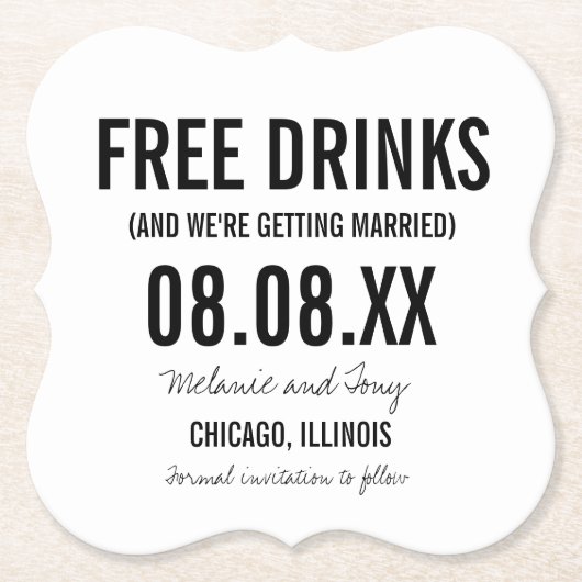 Funny Free Drinken Wedding Save the Dates Kartonnen Onderzetters (Voorkant)