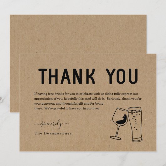 Funny Free Drinken Wine & Beer Hartelijk dank Bedankkaart (Voorkant / Achterkant)