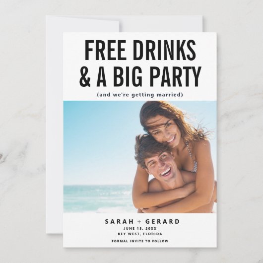 Funny Free Drinks & Party Photo Save the Date Aankondiging (Voorkant)