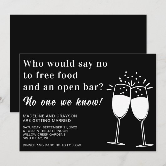 Funny Free Food Open Bar Casual Wedding Invitation Kaart (Voorkant / Achterkant)