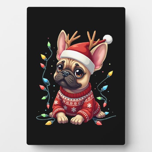 Funny French Bulldog Christmas Light Santa Hat Rei Fotoplaat (voorkant)