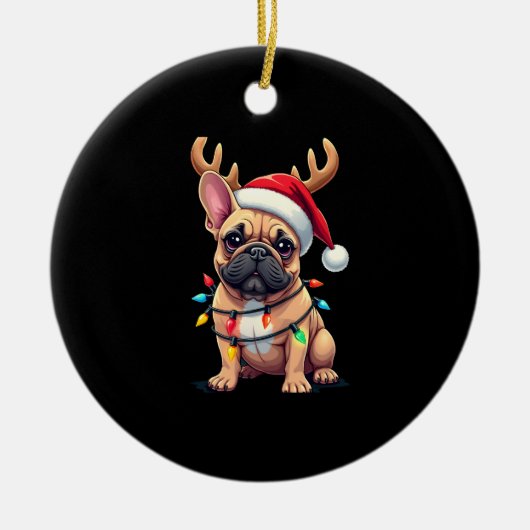 Funny French Bulldog Christmas Light Santa Hat Rei Keramisch Ornament (Voorkant)